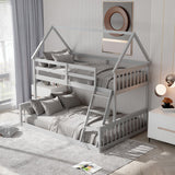 Giantex Wood Twin Over Full Bunk Bed, Solid Wood House Bed Frame Built in Ladder & Safety Guardrails, Convertible to 2 Beds, Floor Bunk Bed for Kids Teens Juniors, No Box Spring Needed, Grey Giantex