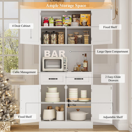 HOSTACK 71“ Tall Kitchen Pantry Storage Cabinet, Modern Kitchen Hutch Bar Cabinet with Microwave Stand, Wood Buffet Sideboard with Hutch, Cupboard with Drawers, Shelves for Dining Room, White HOSTACK