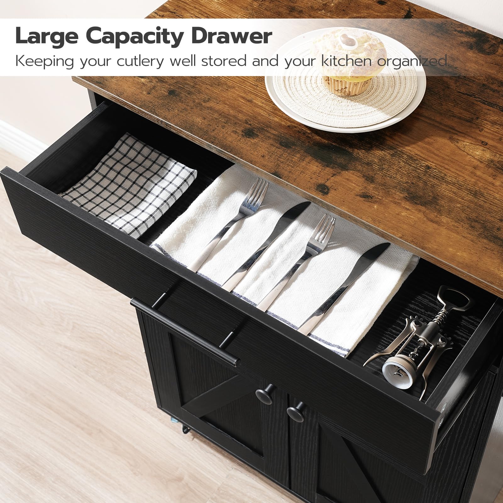 HOOBRO Kitchen Island with Power Outlet, Kitchen Storage Island with Large Worktop, Spice Rack and Drawer, Rolling Kitchen Cart on Wheels, for Kitchen and Dining Room, Rustic Brown and Black  - WoodArtSupply