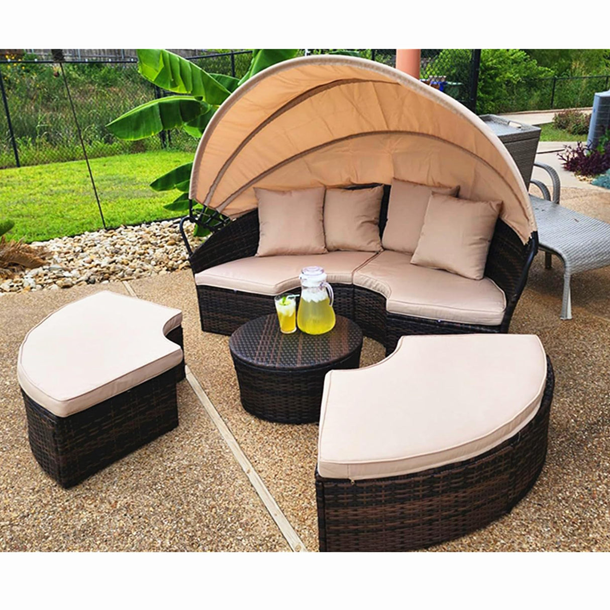SUNCROWN Outdoor Patio Round Daybed with Retractable Canopy, Brown Wicker Furniture Sectional Couch with Washable Cushions, Backyard, Porch SUNCROWN