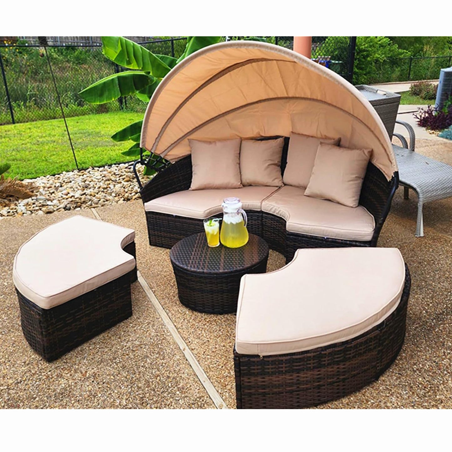 SUNCROWN Outdoor Patio Round Daybed with Retractable Canopy, Brown Wicker Furniture Sectional Couch with Washable Cushions, Backyard, Porch - WoodArtSupply