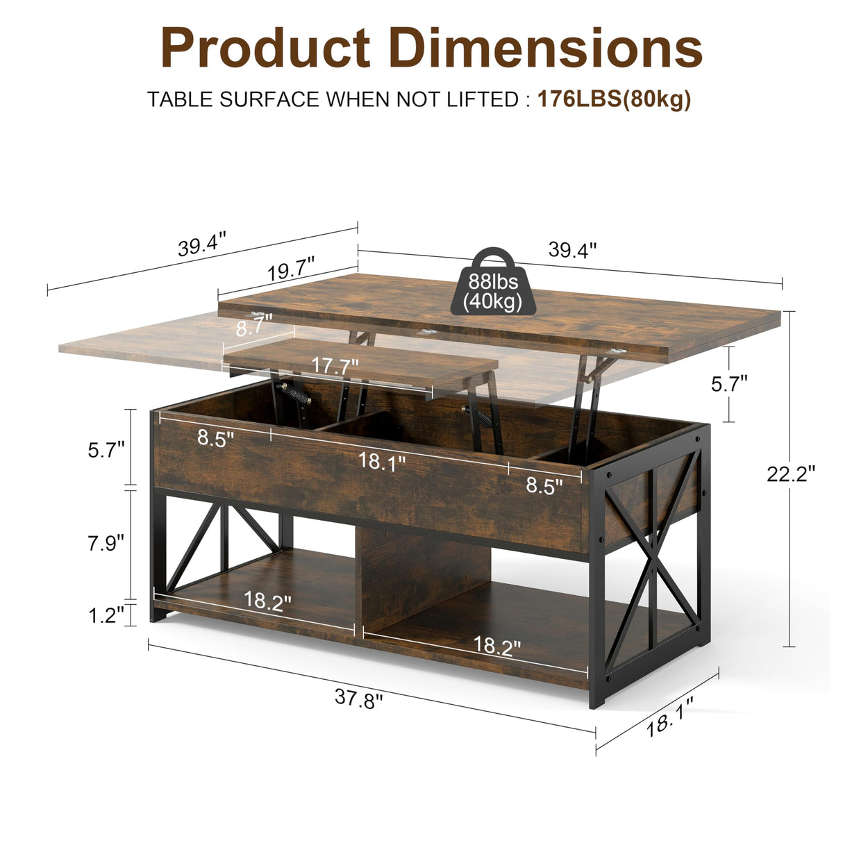 Manora Multi‑Functional Lift‑Top Coffee Table Convertible to Dining Table or Workstation for Living Room,Home Office, Compact Design with Hidden Storage, Brown Manora