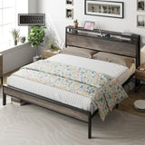 AMERLIFE King Size Industrial Platform Bed with Charging Station and 2-Tier Storage Headboard in Rustic Grey AMERLIFE