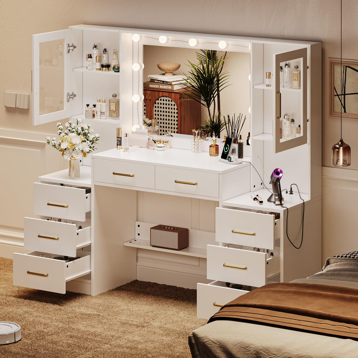 58.3”Vanity Desk with Mirror and Lights & Charging Station, Bedroom Dressing Table, Large Vanity Set, 8 Drawers and 2 Cabinets, Makeup Vanity Table with Charging Station, Without Stool TOKSOM
