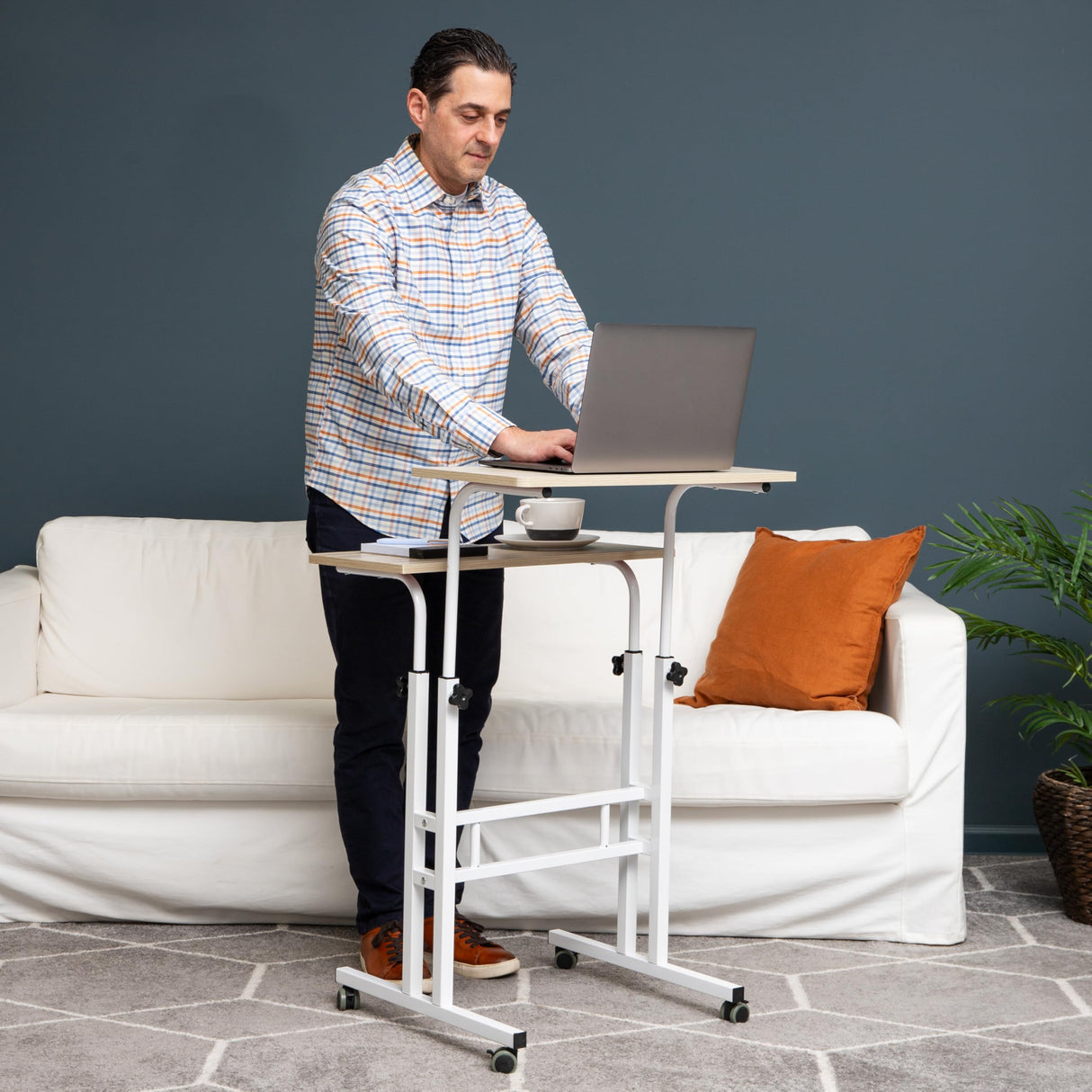 Mind Reader Standing Desk, Adjustable Height, Computer Desk, Laptop Desk, Portable, Rolling, 23.5"L x 19.5"W x 39"H, White Mind Reader