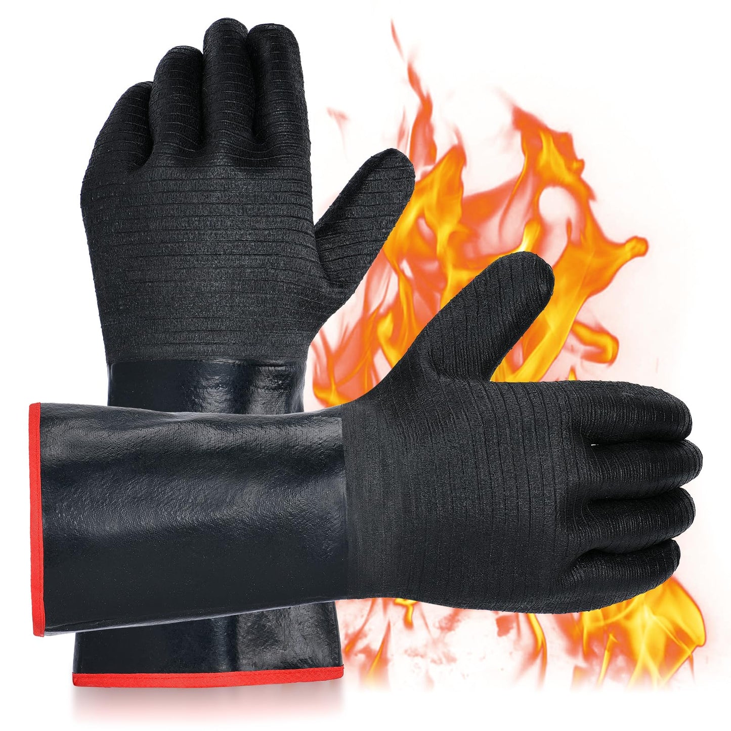 14 inch Barbecue Gloves, 932°F Extreme Heat Resistant Gloves, Firewoof/Waterproof Gloves with overlong Sleeve, for Baking/Oven/Cooking/Pit/Barbecue/Cutting,Textured Palm Handle/Greasy Food