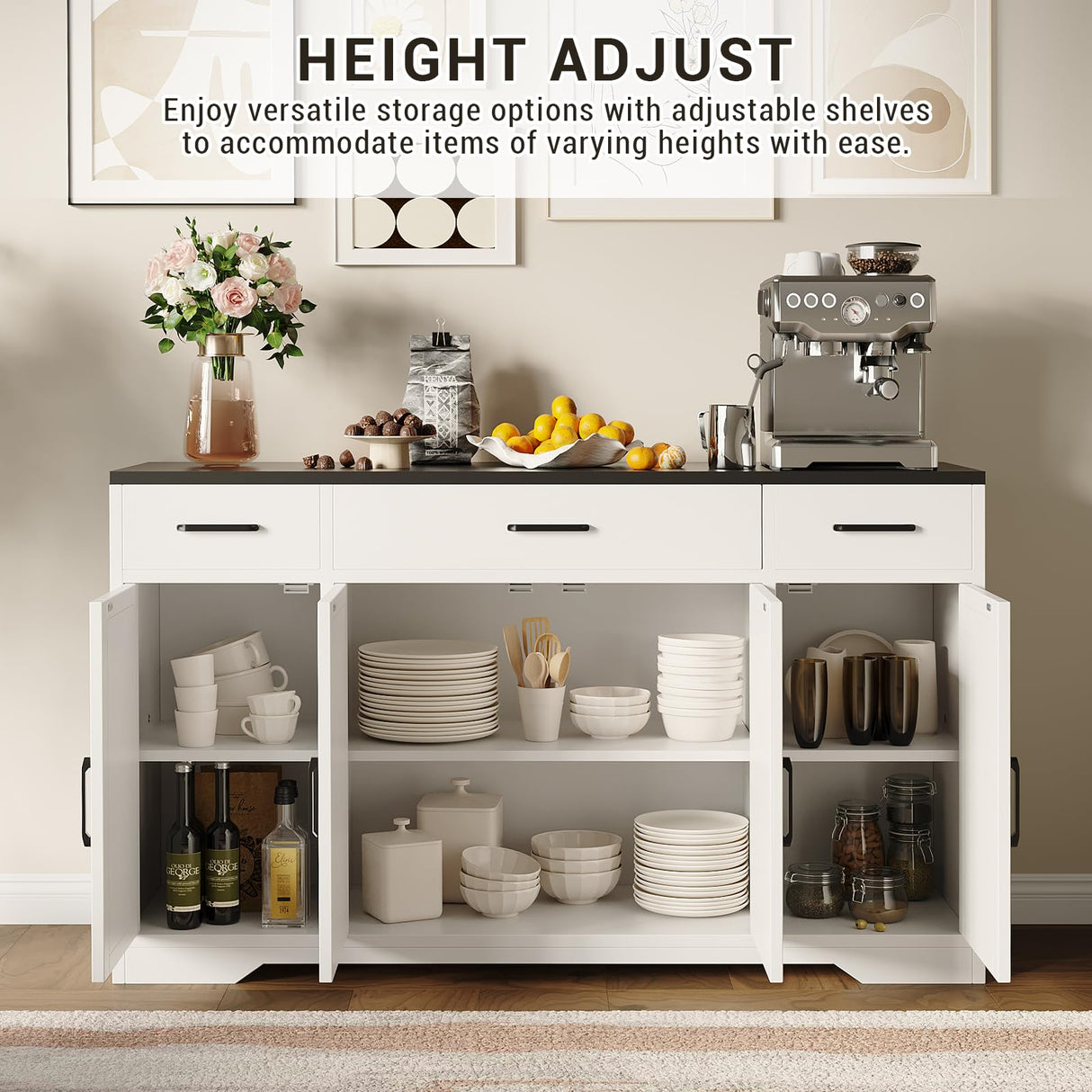 SLEKVERSA 55" Sideboard with Storage Kitchen Storage Cabinet with 3 Drawers, Modern Large Wood Farmhouse Buffet Cabinet TV Stand Coffee Bar for Living Room Hallway SLEKVERSA