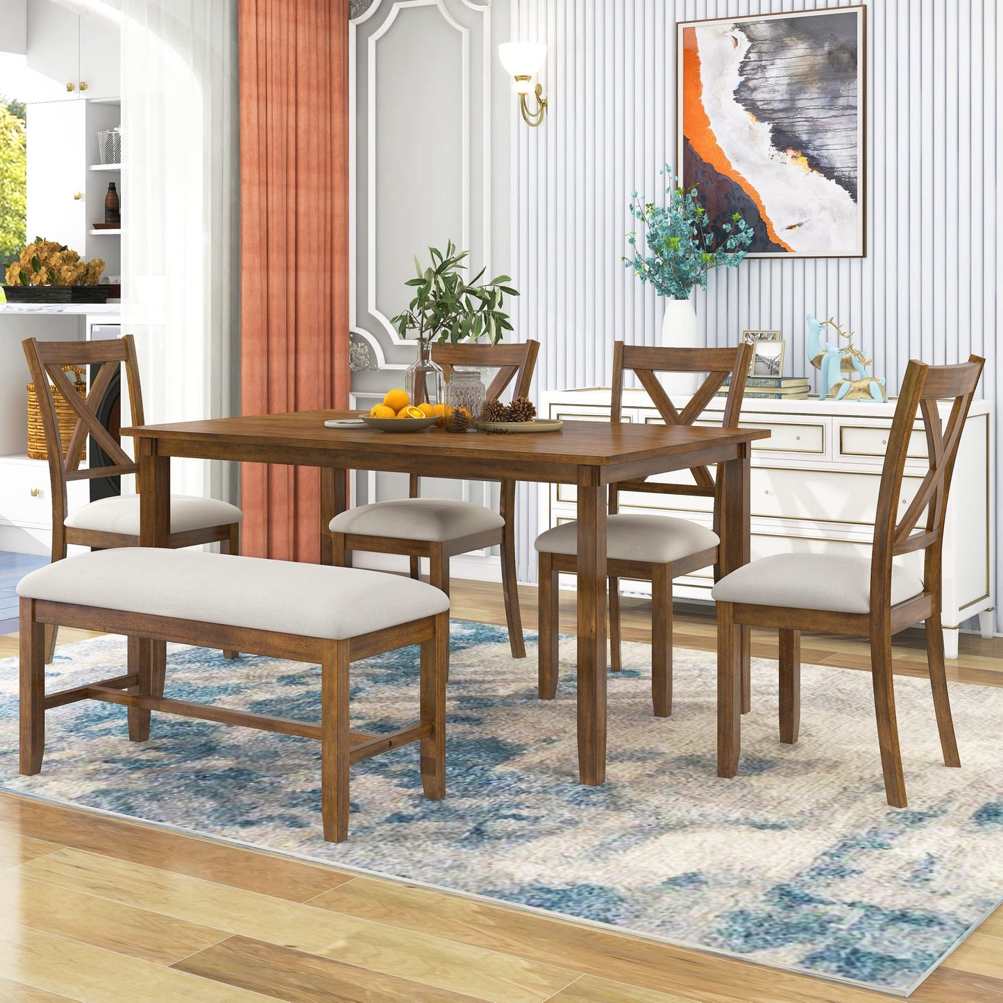 6 Piece Dining Table Set, Wooden Rectangular Kitchen Table and 4 Dining Chairs with Cushions and 1 Bench with Cushion, Wooden Kitchen Dining Room Table Set for 6, Brown - WoodArtSupply