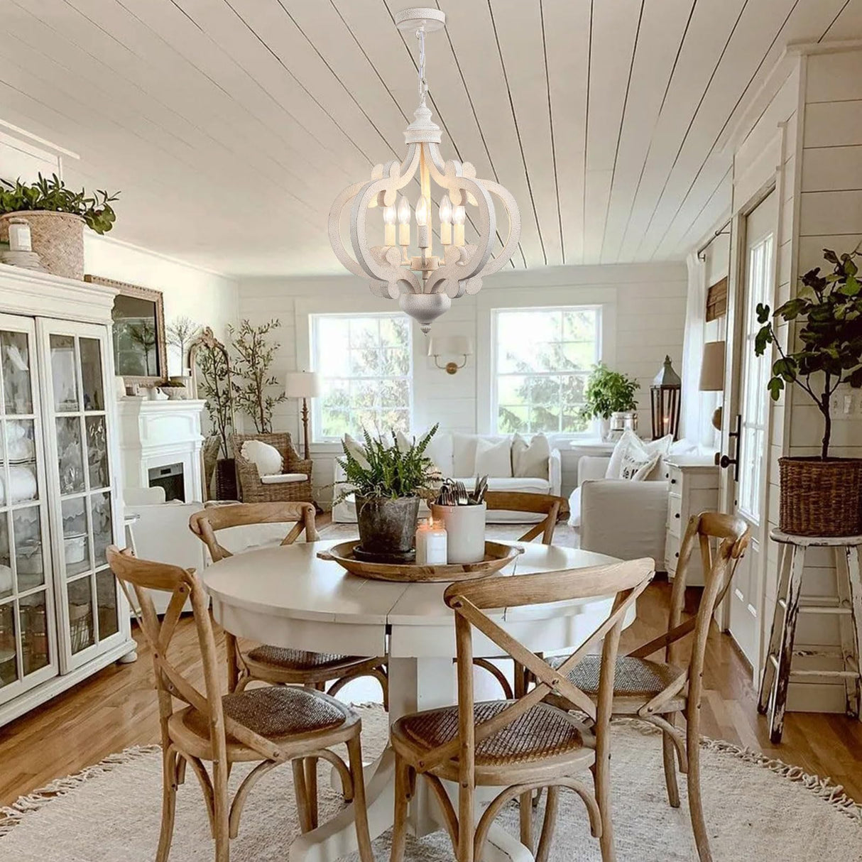 ETONIMERR Wooden French Country Chandelier Light Fixture Ceiling 5-Light, Antique White Farmhouse Chandelier for Dining Room Cottage Rustic Pendant Lighting for Kitchen Island Living Room Bedroom ETONIMERR
