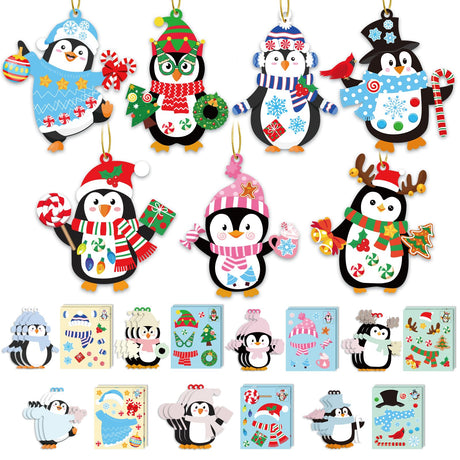 28 Pack Winter Christmas DIY Crafts Kit for Kids, Make Your Own Christmas Penguin Ornaments Stickers Cutouts Art Crafts Bulk for Kids Winter Holiday Xmas Home Class Art Game Activities Party Favors VABAMNA