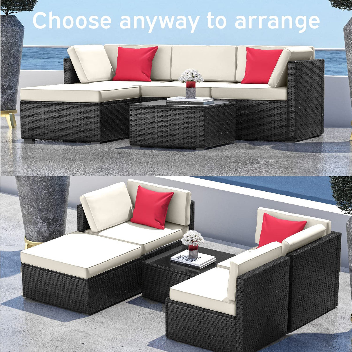 Nestl Outdoor Patio Furniture Set – Outdoor Furniture Patio Set, 5 Piece Patio Furniture Sets with Outdoor Couch, Outdoor Sectional with Off White Cushions, Black Wicker Patio Furniture Sets Nestl