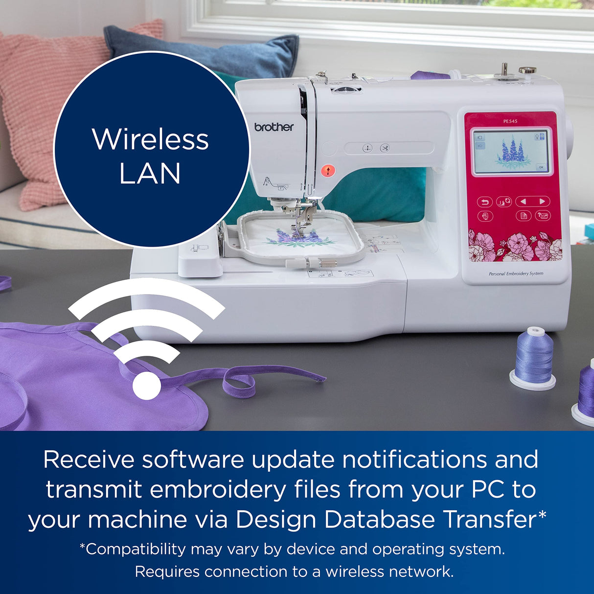 Brother PE545 Embroidery Machine, Wireless LAN Connected, 135 Built-in Designs, 4" x 4" Hoop Area, Large 3.7" LCD Touchscreen, USB Port, 10 Font Styles Brother