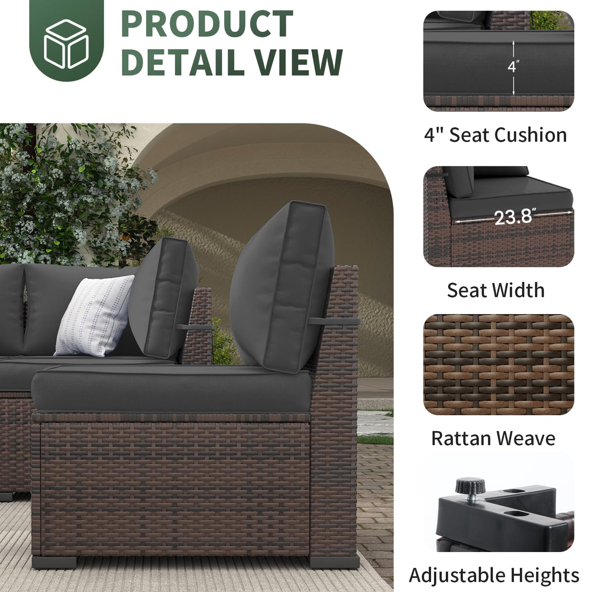Amopatio 8-Piece Outdoor Patio Furniture Set with 44" Fire Pit Table, Modern Rattan Sectional Couch with Tempered Glass Coffee Table, Thickened Cushions and Include Waterproof Cover (Dark Grey) Amopatio