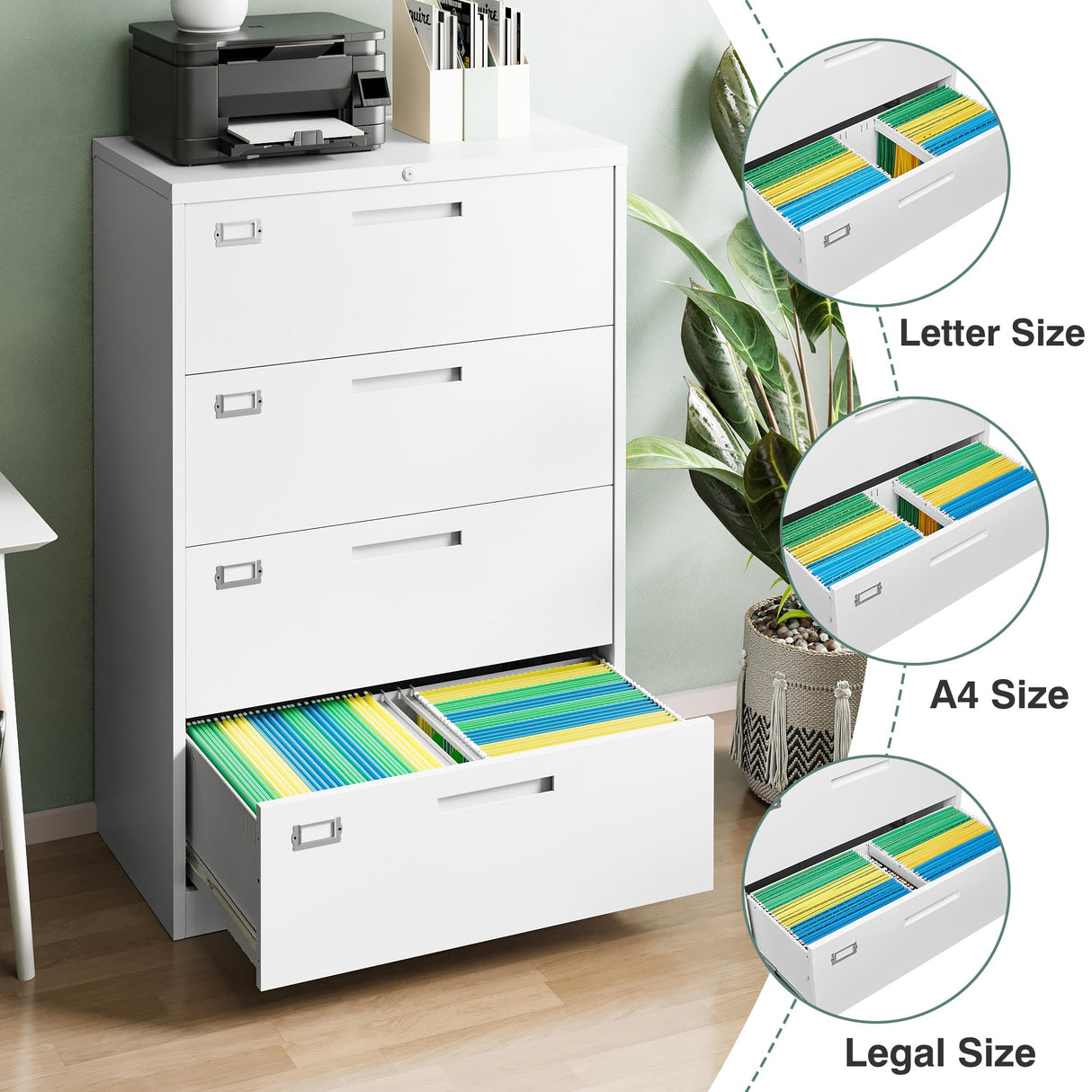 Letaya 4 Drawer File Cabinet with Lock, Metal Lateral Filing Cabinet Wide Office Organization Storage for Home Office Hanging Letter/Legal/F4/A4 (White-Requires Installation) Letaya