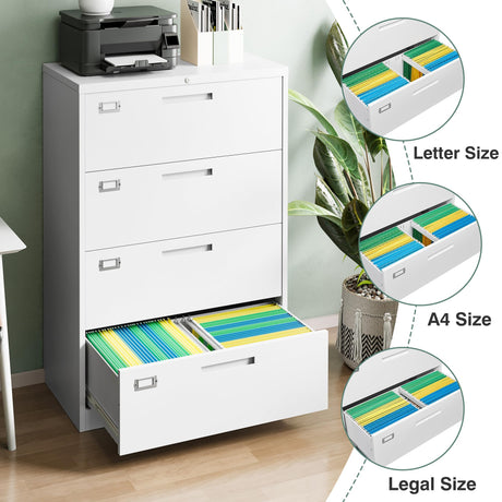 Letaya 4 Drawer File Cabinet with Lock, Metal Lateral Filing Cabinet Wide Office Organization Storage for Home Office Hanging Letter/Legal/F4/A4 (White-Requires Installation) Letaya