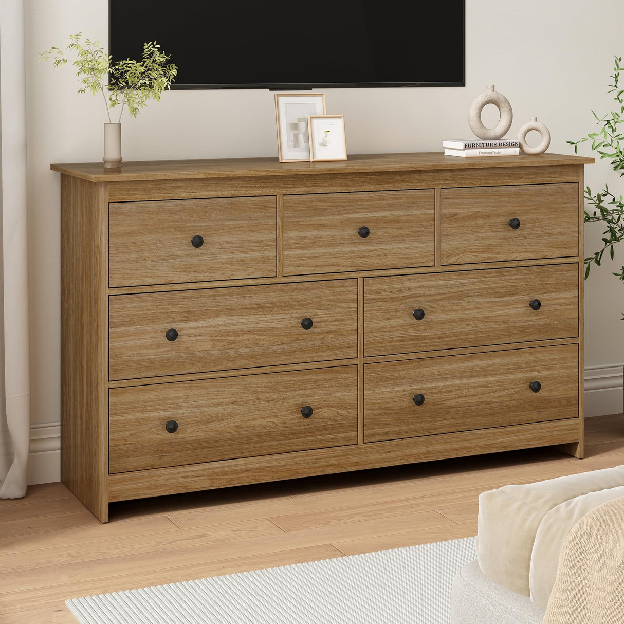 JOZZBY 55" Walnut Dresser for Bedroom, 7 Drawer Wood Large Dresser with Metal Knob, Modern Chests of Deep Drawers Organizer for Home Office, Hallway JOZZBY