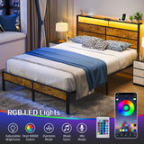 Liians Queen Size Bed Frame, Queen Bed with Charging Station Headboard and LED Lights, Platform Bed with Metal Slats, No Box Spring Needed Liians