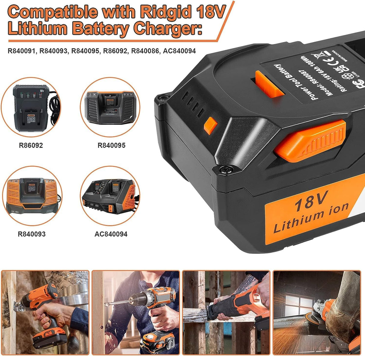 ARyee 18V 6000mAh Battery Replacement Compatible with RIDGID 18V Drill R840087 R840083 R840086 R840085 R840084 Cordless Tools Lithium Ion Battery, 2 Pack ARyee