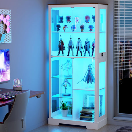 Lvifur 71” Display Cabinet with Glass Doors, Modern Curio Cabinet with 3 Color Lights, 7-Tiers Glass Display Cases for Collectibles, Tall Lego Storage Cabinet with Human Body Sensor (White) Lvifur