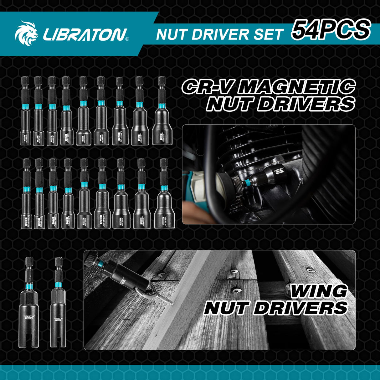 LIBRATON 54PCS Magnetic Nut Driver Set, Impact Drill Driver Bit 1/4", Metric & SAE Nut Driver for Impact Drill, Socket Adapters, Screwdriver Bits, Quick-Release Extension, Wing Nut Driver, Storage Box LIBRATON