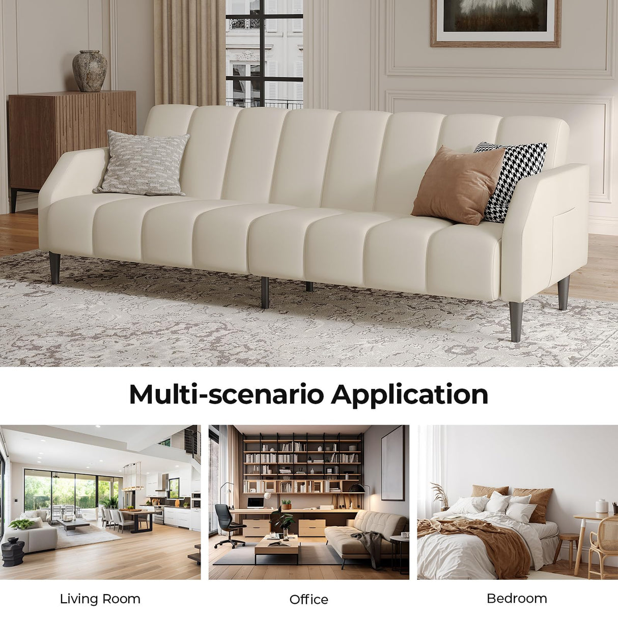 Fadware Faux Leather Couch, Convertible Futon Sofa Bed with Adjustable Backrest, Mid Century Leather Sofa Loveseat with Side Pockets& Metal Leg, Modern Leather Sleeper Sofa for Living Room Bedroom Fadware