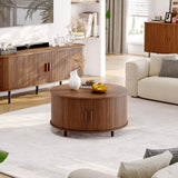 ONBRILL Round Coffee Table with Storage, 31.5" Modern Coffee Table with 360° Curved Sliding Door, Fluted Wood Accent Coffee Table with Adjustable Footpads, Round Center Table for Living Room, Walnut ONBRILL