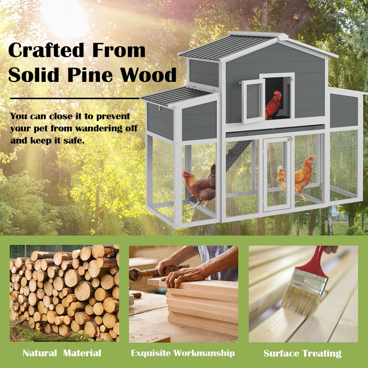 Wooden Chicken Coop for 2-6 Chickens, Outdoor Chicken House with Run & 2 Nest Boxes, Outside Hen House Poultry House Pet Hutch Chicken Cage with Waterproof Roof & Ramp, (66''LX32''WX53''H) Sunnibety