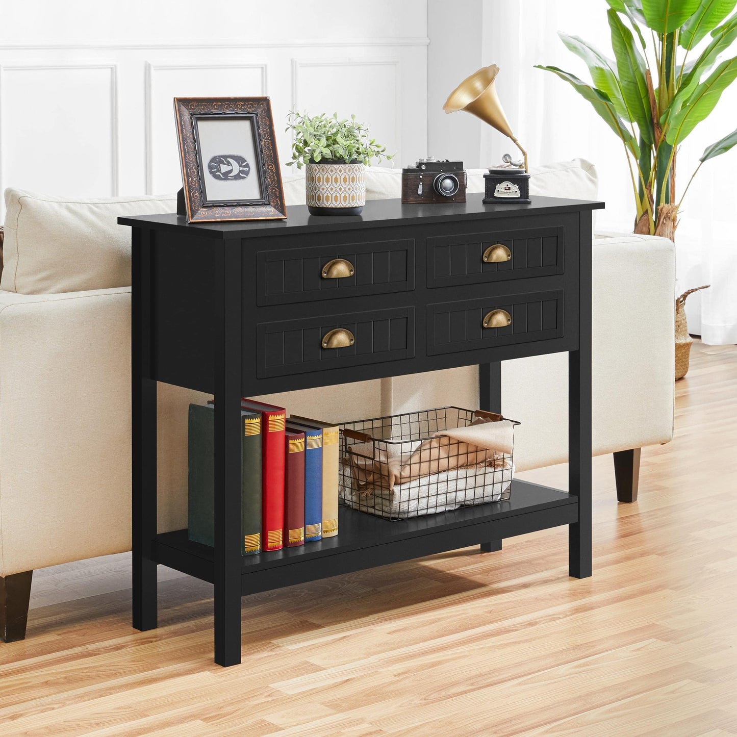 Yaheetech Console Table with 4 Drawers, Sofa Side Table with Bottom Open Storage Shelf, Heavy-Duty Entryway Table for Hallway/Living Room, 39.5x14x32 inch, Black