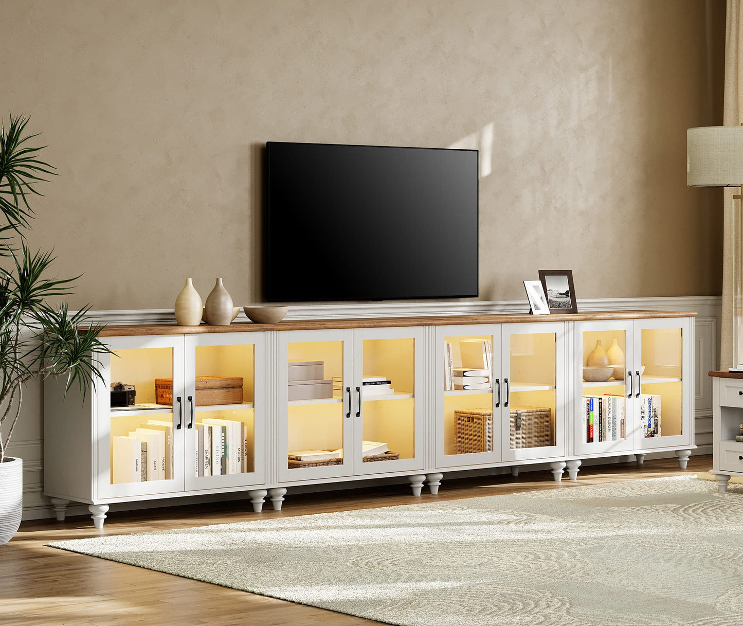 WAMPAT Large TV Stand for TVs up to 110 Inch, White Entertainment Center TV Console Table for 85/90/95/100 Inch TV with LED Light, Accent Buffet Cabinet with Glass Door for Dining Room & Living Room