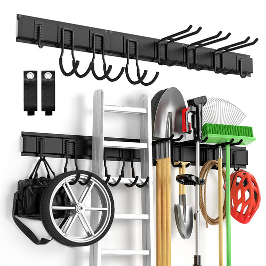 Garage Tool Organizer Wall Mount 13 PCS, Yard Garden Tool Organizer, Adjustable Tool Storage Rack with 8 Heavy Duty Hooks, Max Load 500lbs Garage Organization