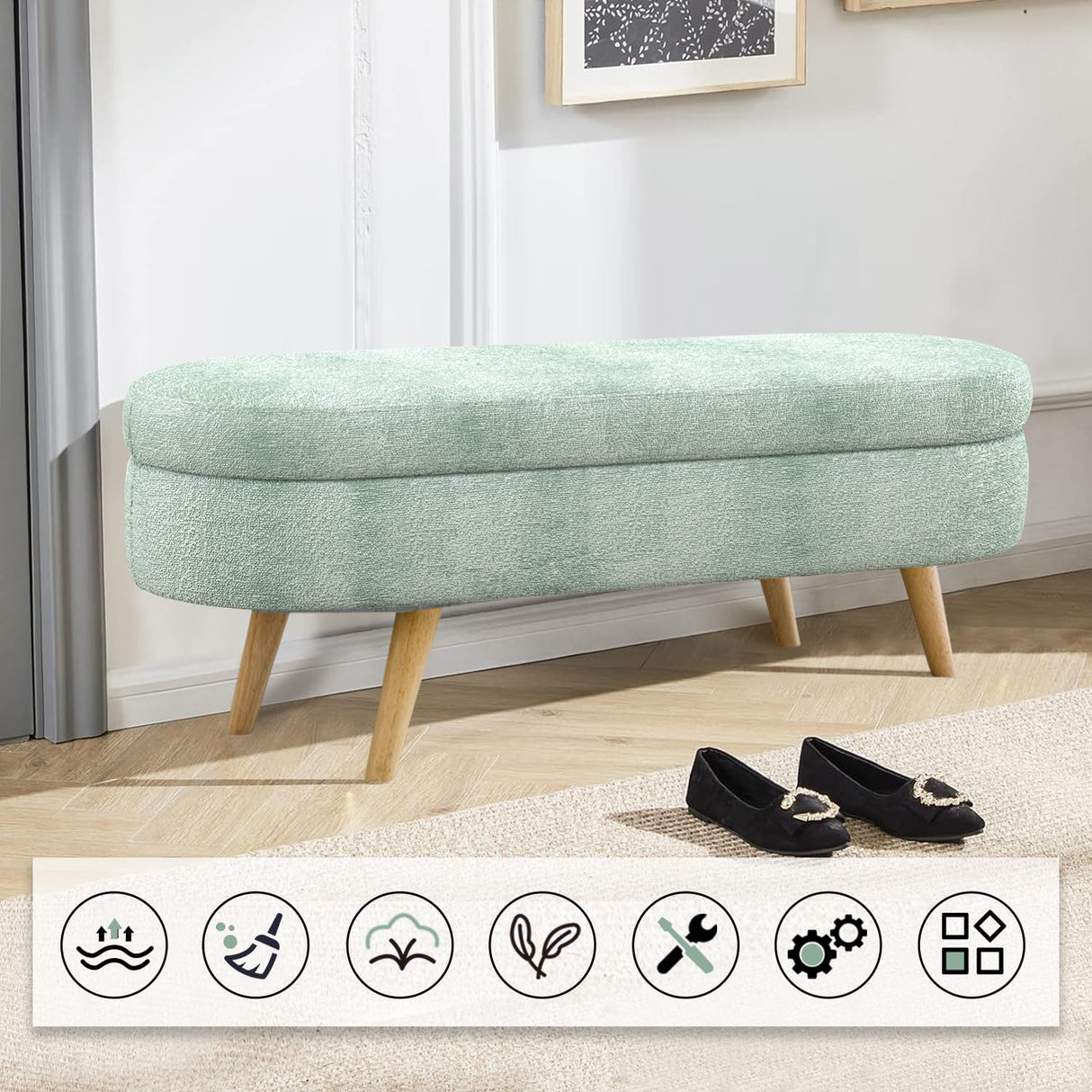 TODRANI Storage Ottoman Bench for Bedroom,43.5" Boucle Upholstered Entryway Shoe Seat Bench with Storage, Modern Padded Blanket Chest Stool Footrest for Living Room or Window Seating(Cyan) TODRANI