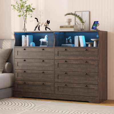 Hipicute 8 Drawers Wooden Dressers for Bedroom Living Room, Hallway, Wood Dressers with Led Lights and Charging Station, 55" Wide Chest of Drawers, Modern Wood TV Stand Dresser for 55" TV (Brown)