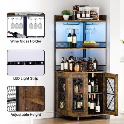 Corner Bar Cabinet with Charge Oult, 5-Tiers Wine Cabinet with LED Light and Glass Holder, Tall Home Liquor Cabinet for Living Room, Corner Display Cabinet for Home