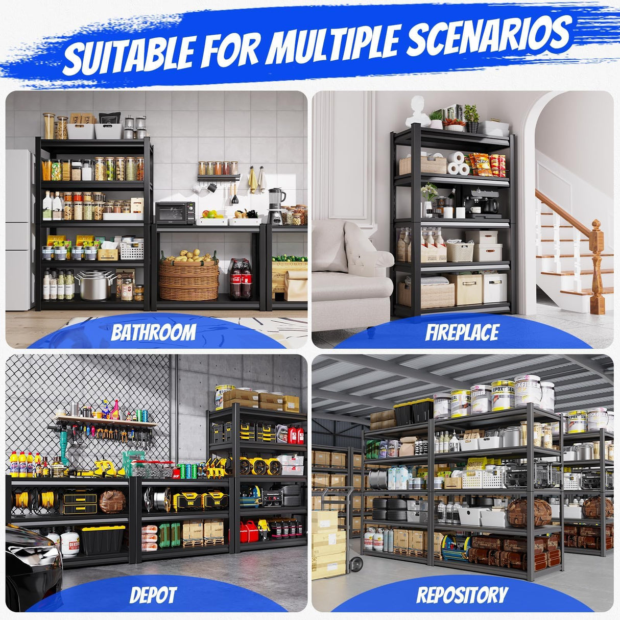 TXTDPL 59" W Storage Shelves, 5-Tier Garage Shelving, 3500 lbs Heavy Duty Garage Shelves, Adjustable Shelving Unit|Easy Assembly, for Workshop, Basement, Warehouse, 19.7" D x 59" W x 72" H, Black TXTDPL