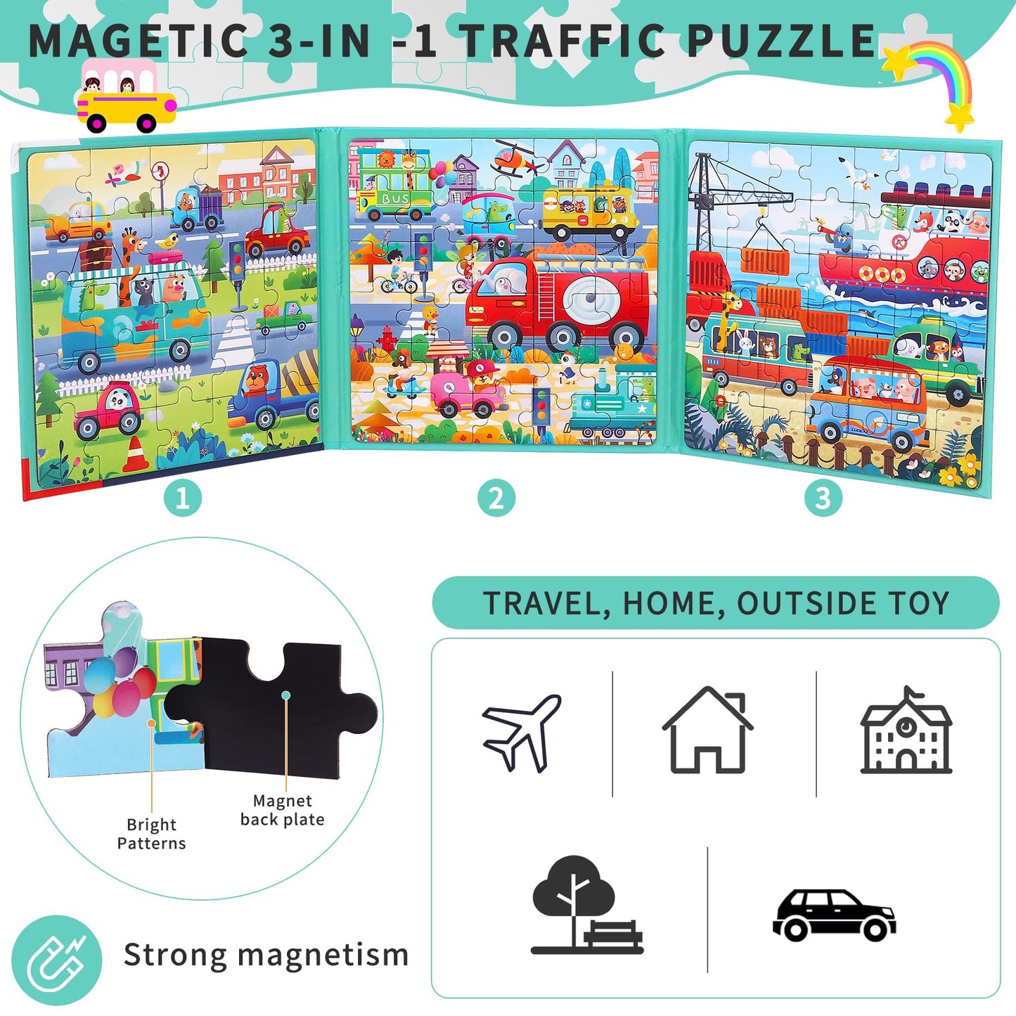 Magnetic Puzzles for Toddlers 3-5 - 3 in 1-97 Pieces Magnet Puzzle Book for Kids Ages 4-8 Travel Puzzles Game Magnetic Jigsaw Puzzle Car Traffic Activities Toy for Boys and Girls