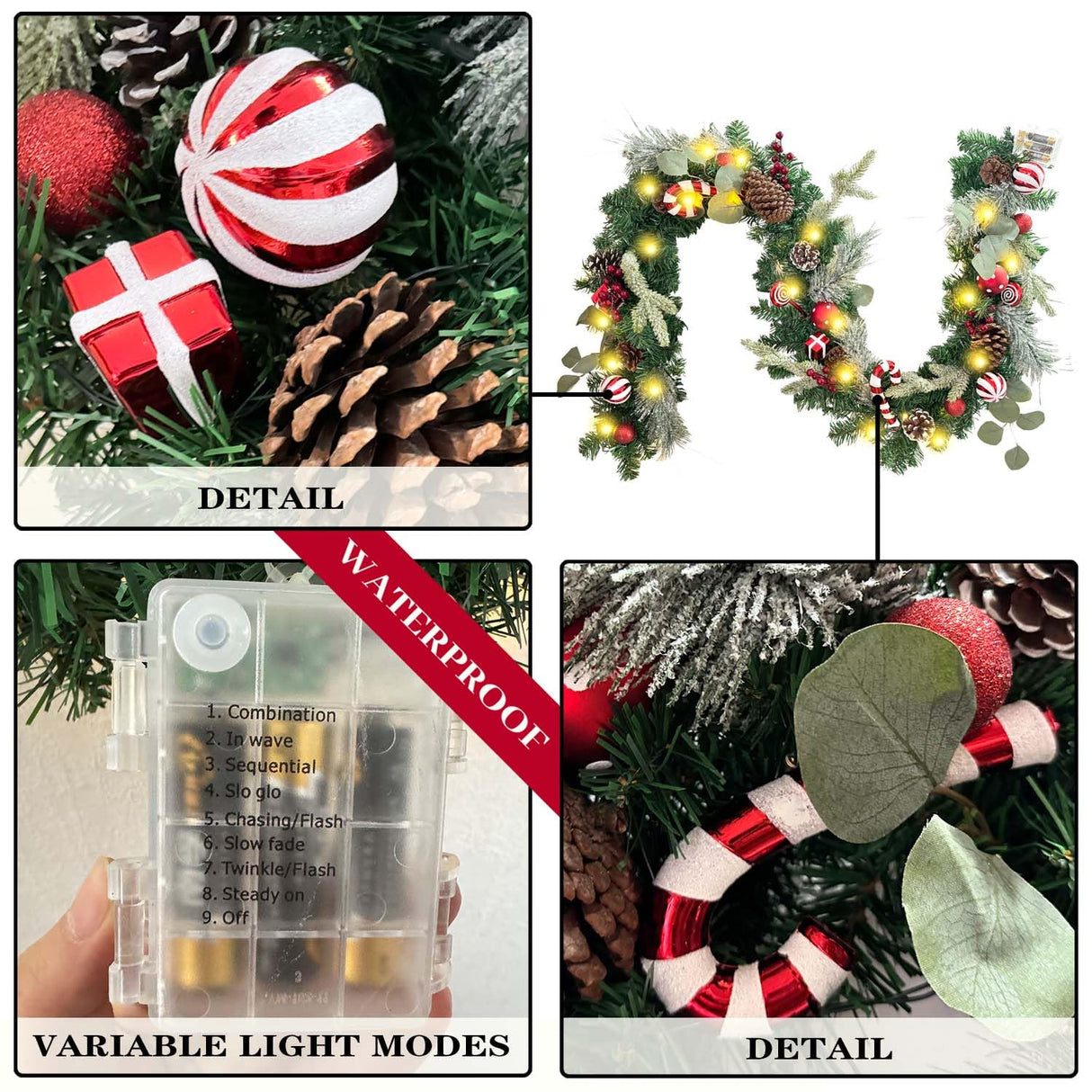 WANNA-CUL Pre-Lit 6 Feet/ 72 Inch Christmas Garland with Lights for Front Door Red White Christmas Mantel Garland Decoration with Ball Ornaments,Candy Canes,Eucalyptus Leaves, Battery Operated 30 LED WANNA-CUL