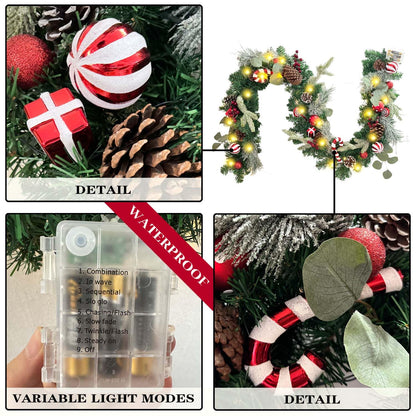 WANNA-CUL Pre-Lit 6 Feet/ 72 Inch Christmas Garland with Lights for Front Door Red White Christmas Mantel Garland Decoration with Ball Ornaments,Candy Canes,Eucalyptus Leaves, Battery Operated 30 LED