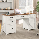 Farmhouse 61'' Executive Desk with 5 Drawers, Rustic Office Desk Computer Desk with Charging Station, File Drawers and Storage Cabinet, Wood Workstation for Home Office and Study, Unique White Halitaa
