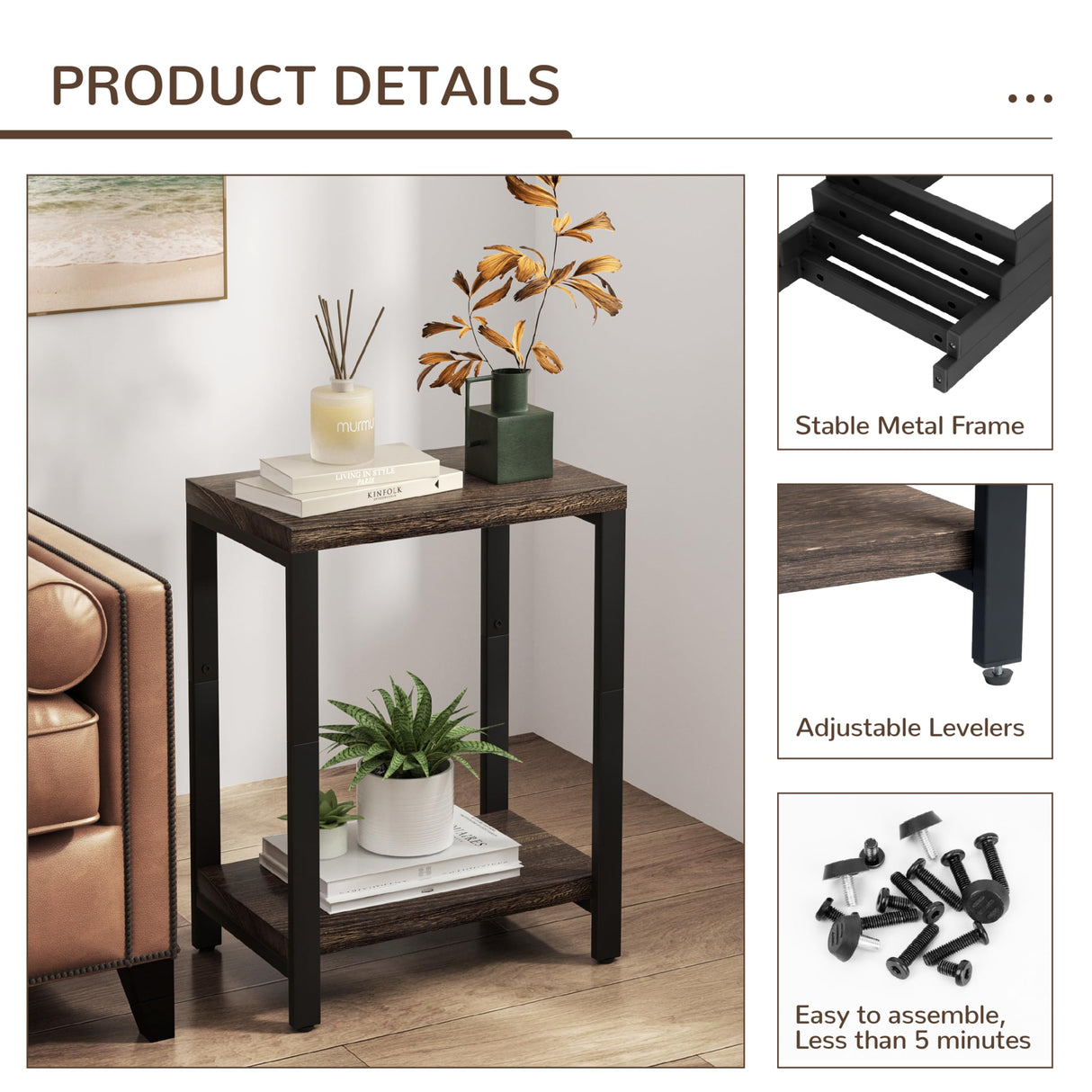 Acovy Real Solid Wood End Tables, Side Tables, Small Table with 2-Tier Storage Shelf, Nightstand for Living Room, Bedroom, Office, Bathroom, Rustic Acovy