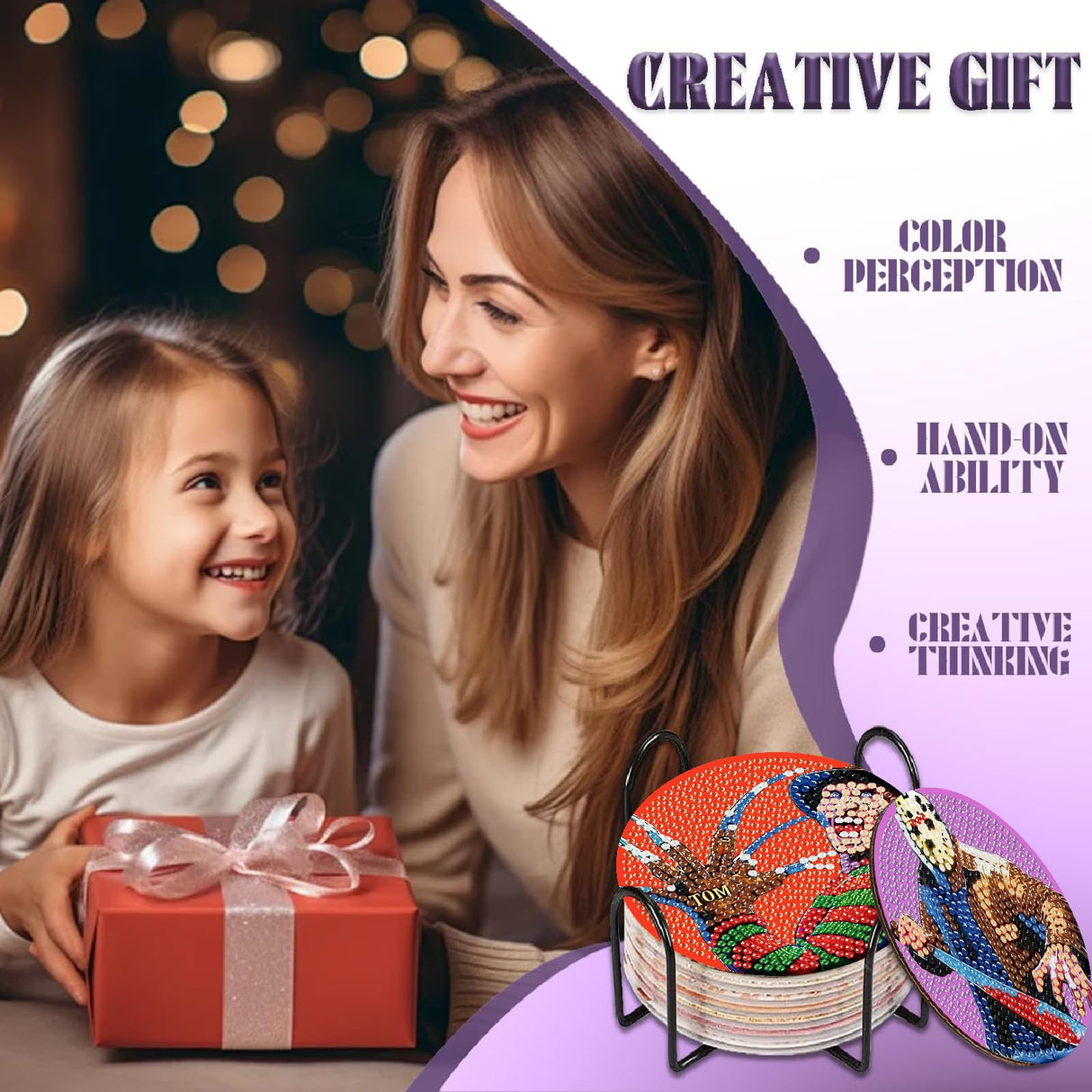 NEGEKFKX 8 Pcs Halloween Diamond Art Painting Coasters Kits,Horror Coaster with Holder for Adults, Non-Slip DIY Dot Paint Craft Kits,5D Full Drill DIY Diamond Dot Gem Art Kit Home Decor Arts Craft NEGEKFKX