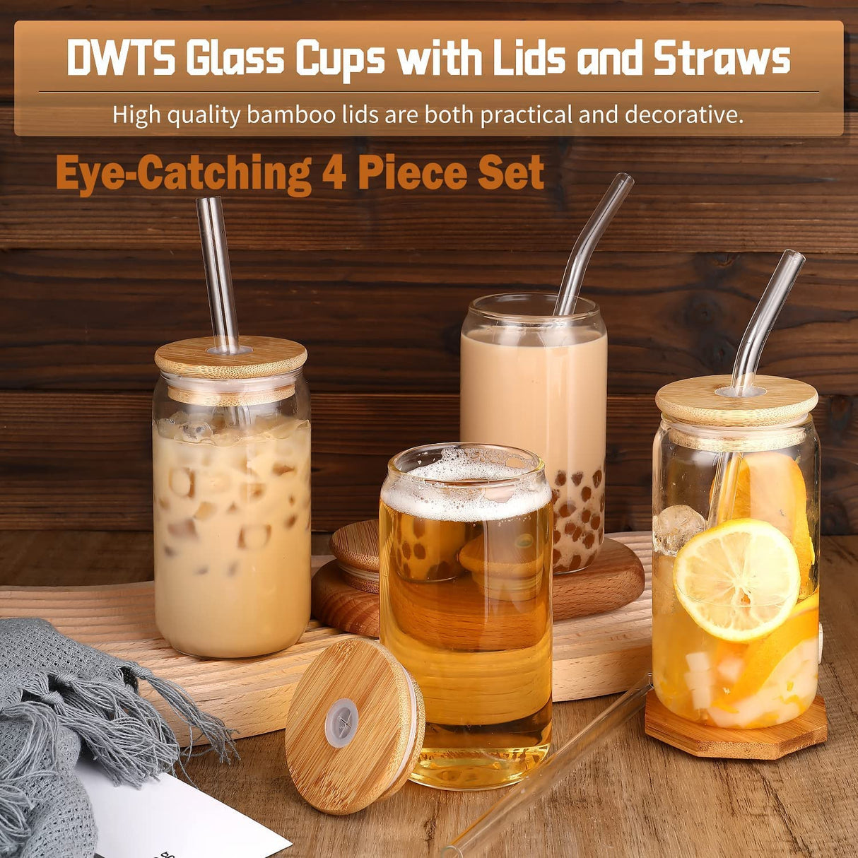Glass Cups with Lids and Straws 4 pcs,16 oz Glass Cups for Coffee Bar Accessories-DWTS DANWEITESI Iced Coffee Cups with Lids,Drinking glasses Set,Coffee Cups Glass Tumbler with Straw and Lid for Gifts DWTS DANWEITESI