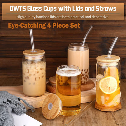 Glass Cups with Lids and Straws 4 pcs,16 oz Glass Cups for Coffee Bar Accessories-DWTS DANWEITESI Iced Coffee Cups with Lids,Drinking glasses Set,Coffee Cups Glass Tumbler with Straw and Lid for Gifts