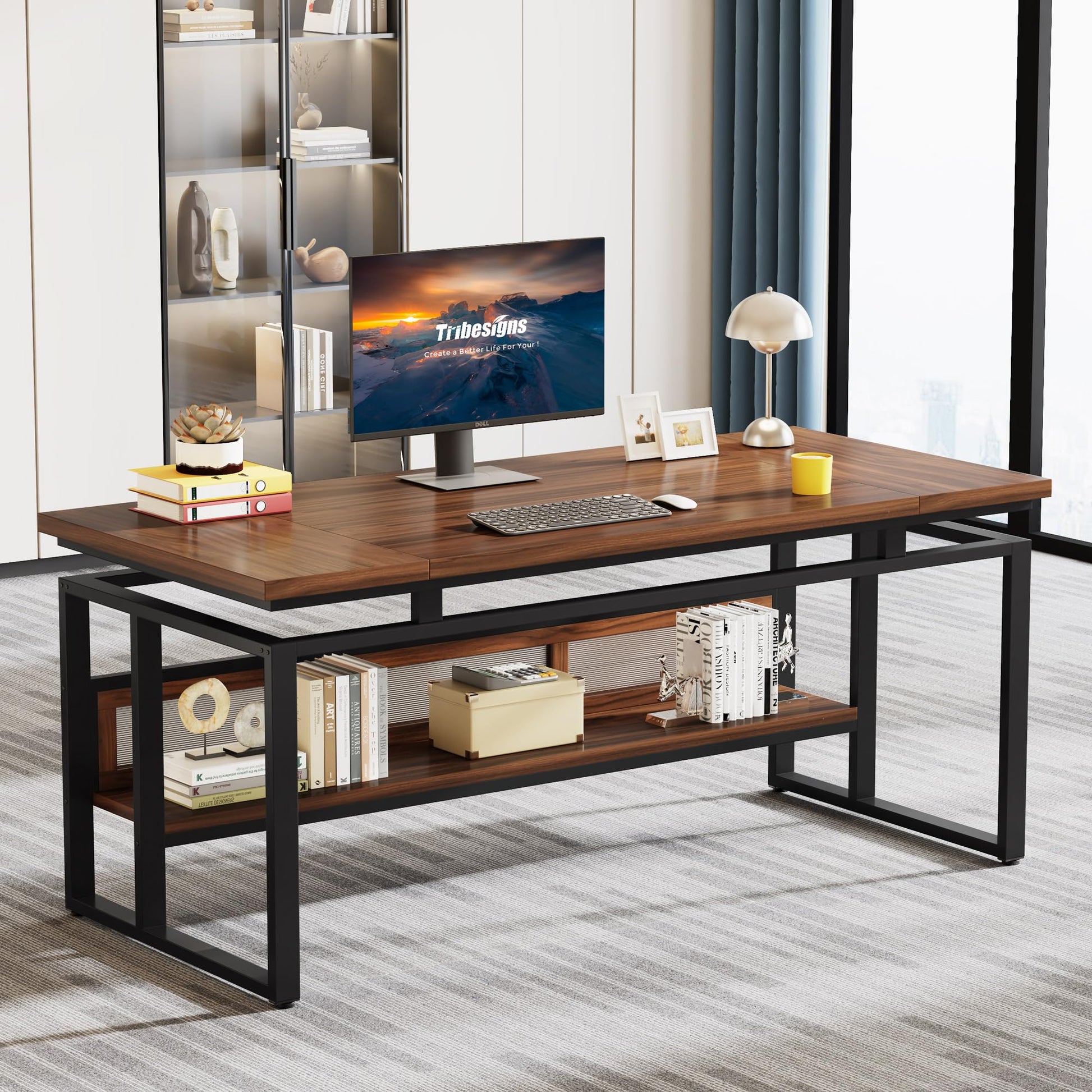 Tribesigns 63" Executive Desk with Bottom Hidden Shelf, Large Computer Desk Office Desk with Thickened Board and Frame, Workstation Writing Table for Home Office, Rustic Brown & Black - WoodArtSupply