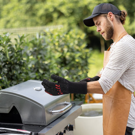 COOLJOB Heat Resistant BBQ Gloves for Hot Temperature Cooking, Barbecue Grilling or Baking Bread Pizza, 800 Degrees Safe Oven Mittens with Fingers, Aramid Fiber with Silicone Grip, One Size, Black COOLJOB