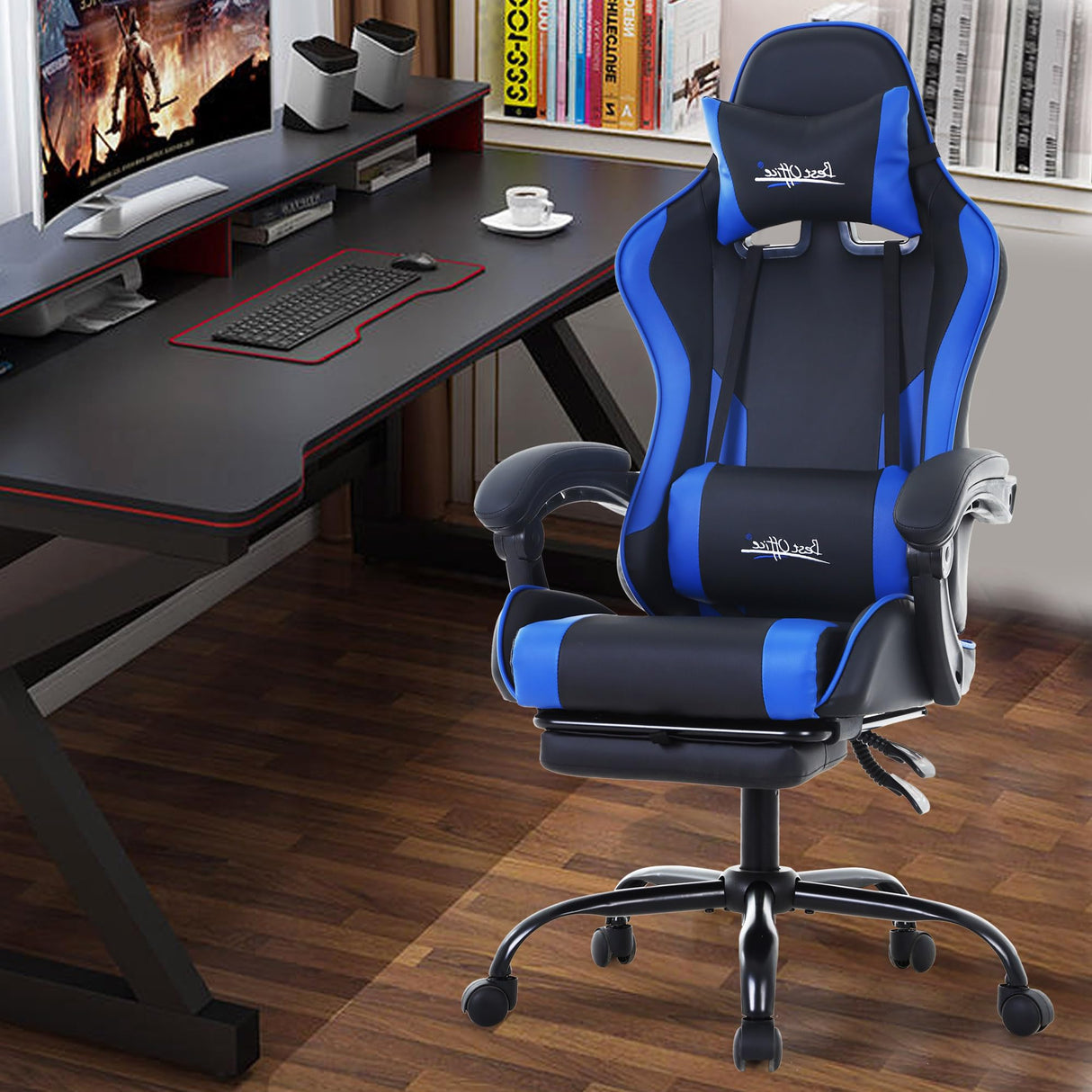 PayLessHere Ergonomic Racing Desk Chair Computer Chair Gaming Chair with Footrest Lumbar Support Headrest Armrest Task Rolling Swivel Ergonomic E-Sports Adjustable PC Gamer Chair (Blue) PayLessHere