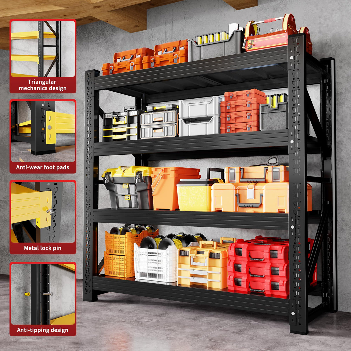 CXUZCZ 4000LBS Garage Shelving 48" W Garage Shelving Heavy Duty 4-Tier Metal Storage Shelves Adjustable Shelf Unit Storage Rack for Basement Supermarket Warehouse 48" W x 24" D x 78" H Black CXUZCZ