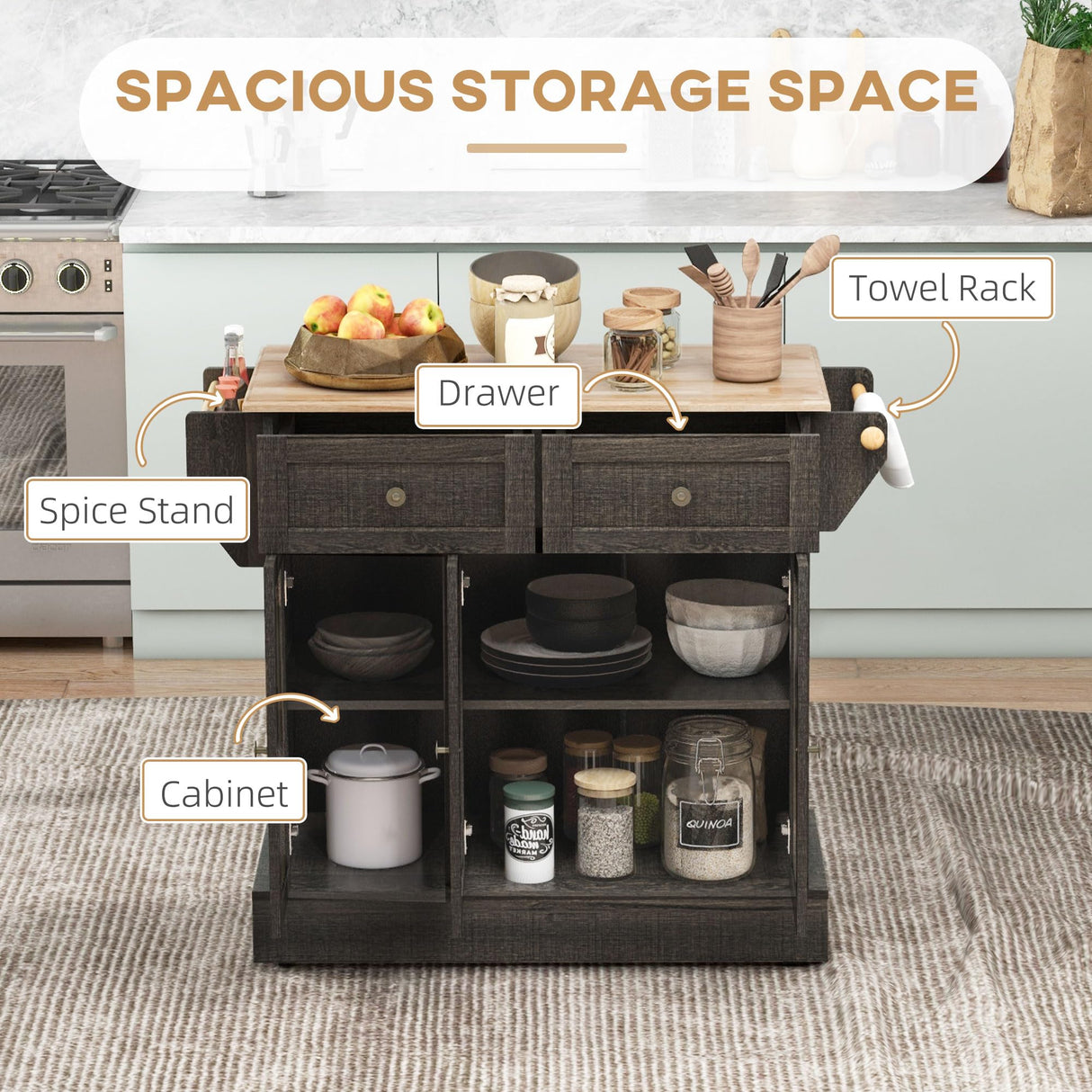 HOMCOM Triple-Cabinet Kitchen Island on Wheels, Kitchen Storage Cabinet with Drawers & Countertop, Rolling Utility Cart with Wood Top, Towel Rack, Spice Stand, Distressed Brown HOMCOM