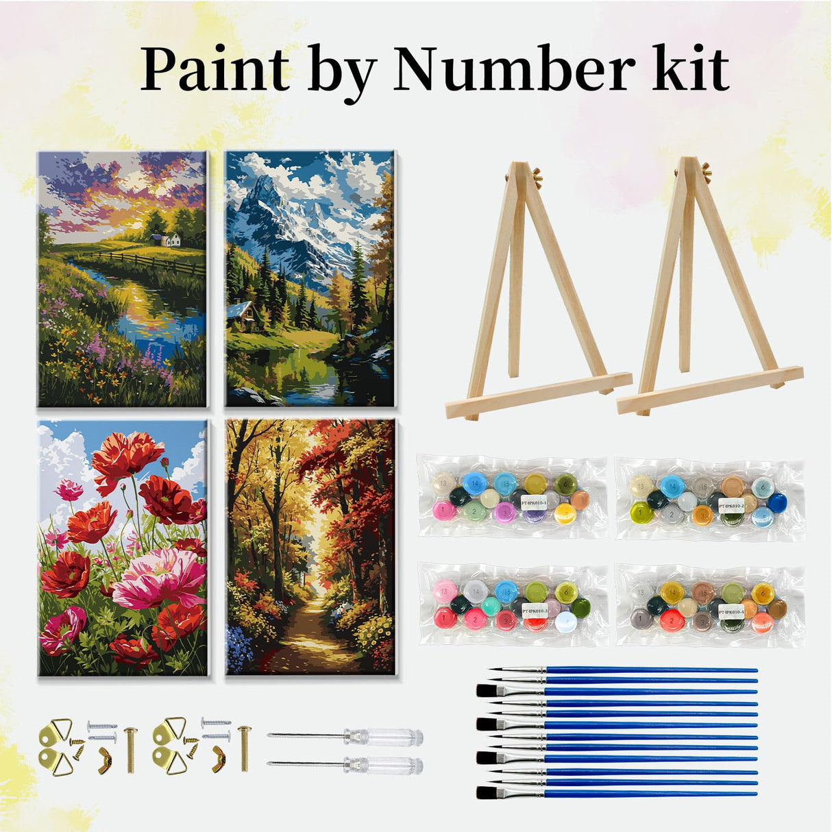 JOOZ 4 Pack Paint by Numbers Kit for Adults with Frame Landscape Paint by Number with Easel Flowers Adult Paint by Number Kit DIY Mountain Oil Painting Kits for Home Wall Decor 8x12 Inch JOOZ