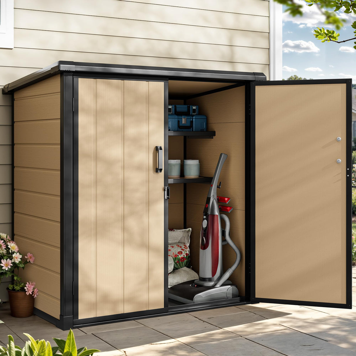 DWVO Outdoor Storage Shed with 2 Shelves, 51 Cu Ft Waterproof Resin Garden Shed with Floor & Lockable Door, Plastic Tool Cabinet for Garbage Cans, Lawn Equipment, Garden Supplies (Brown) DWVO