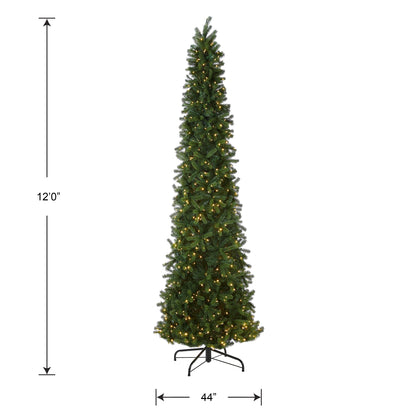 National Tree Company Pre-lit 'Feel Real' Artificial Giant Slim Downswept Christmas Tree, Green, Douglas Fir, Dual Color LED Lights, Includes PowerConnect and Stand, 12 feet